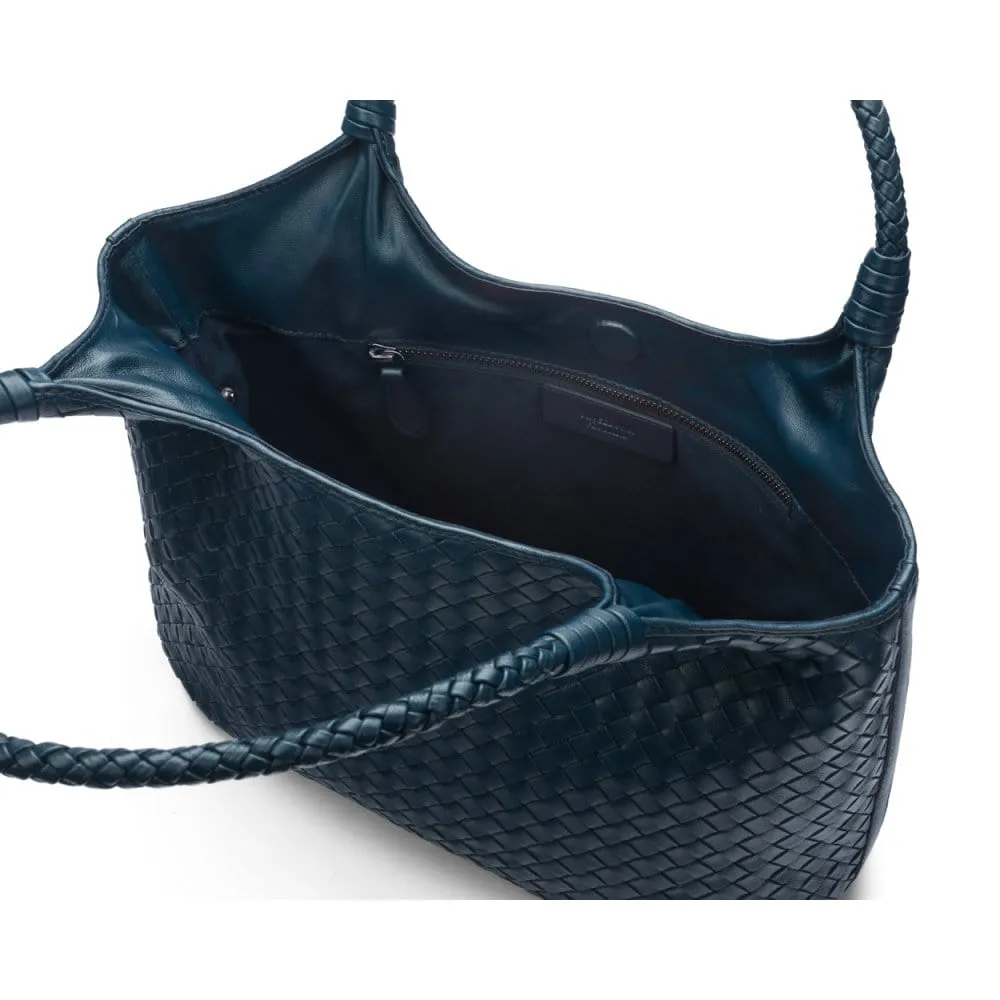 Anya Woven Leather Shoulder Bag - Navy
