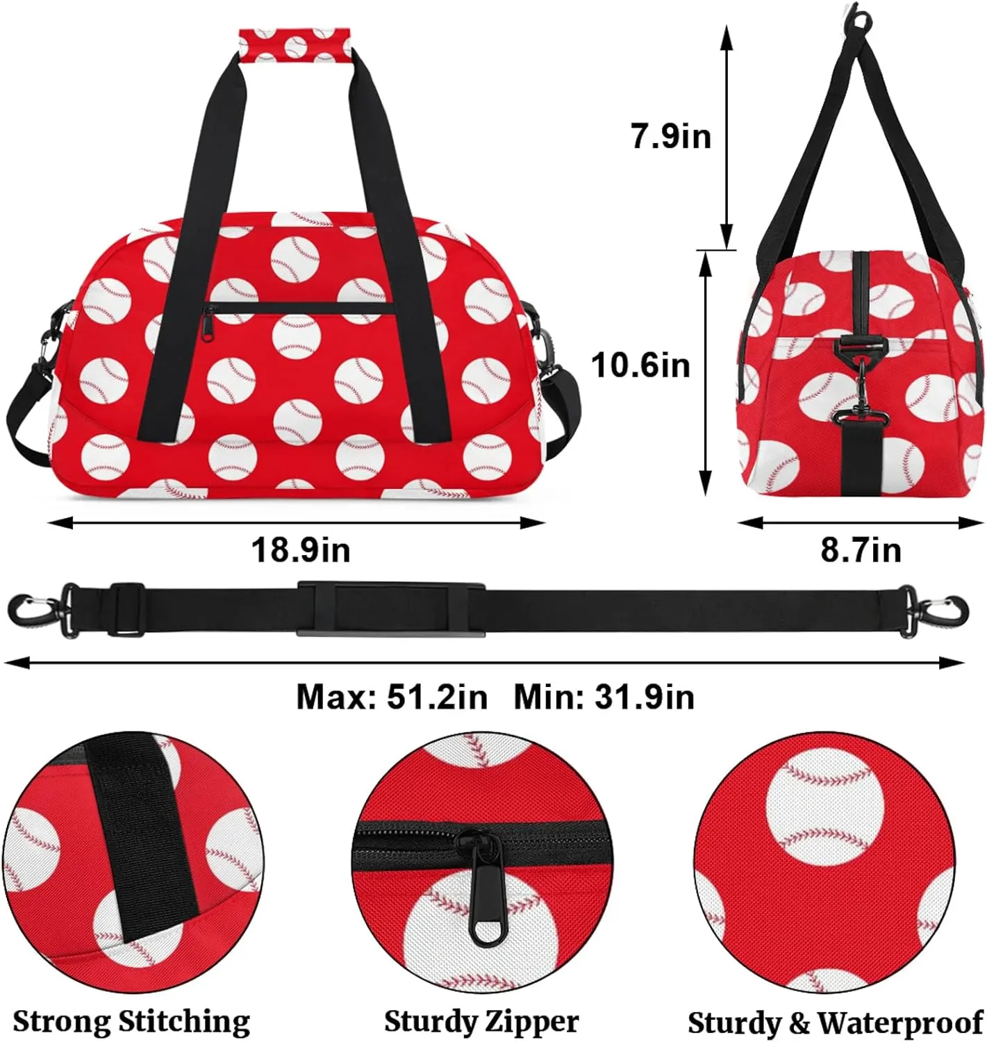 Baseball Red 18 inch Small Gym Bag for Women and Men, Lightweight Carry On Weekender Bag Mini Duffel Bag for Travel Sports Workout