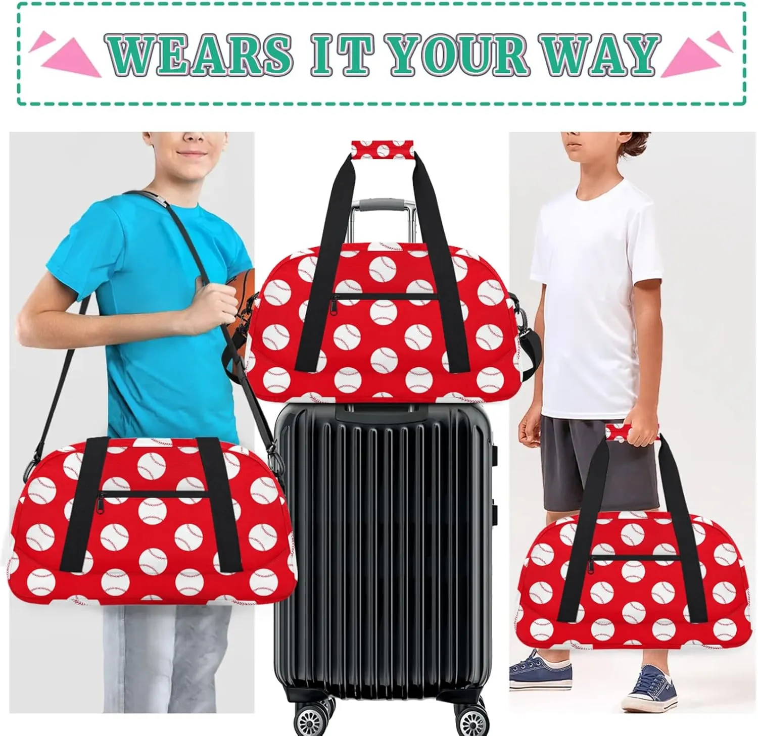 Baseball Red 18 inch Small Gym Bag for Women and Men, Lightweight Carry On Weekender Bag Mini Duffel Bag for Travel Sports Workout