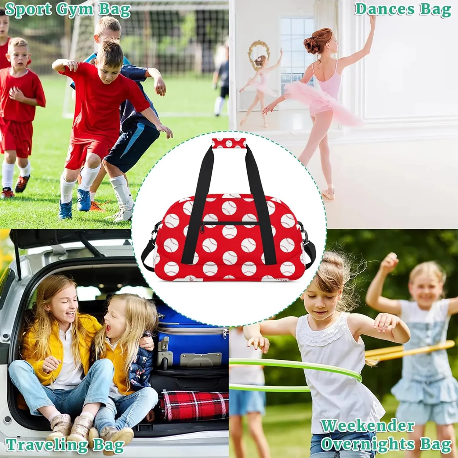 Baseball Red 18 inch Small Gym Bag for Women and Men, Lightweight Carry On Weekender Bag Mini Duffel Bag for Travel Sports Workout