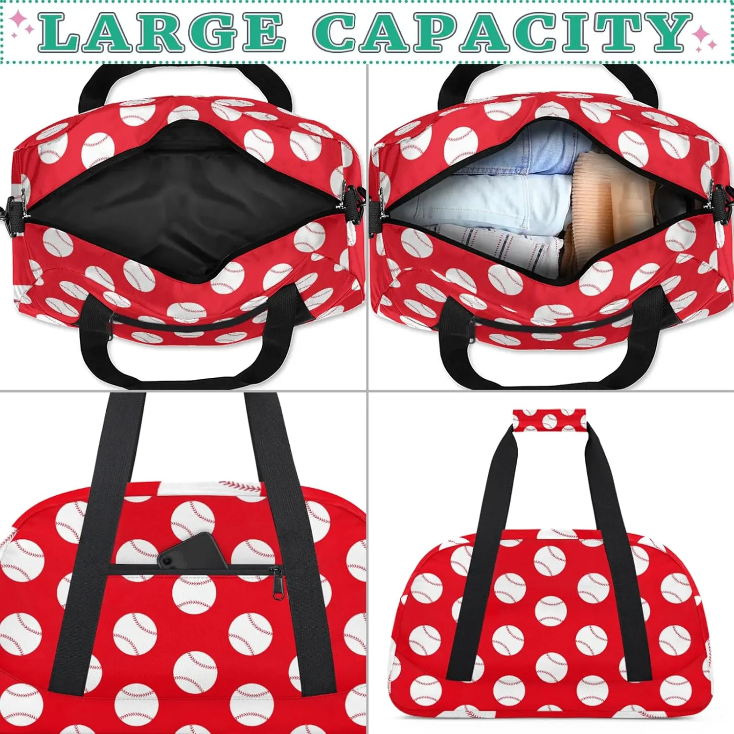 Baseball Red 18 inch Small Gym Bag for Women and Men, Lightweight Carry On Weekender Bag Mini Duffel Bag for Travel Sports Workout