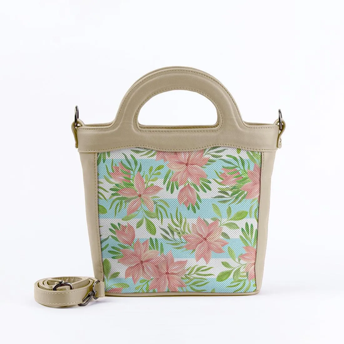 Beige Top Handle Handbag Floral Blue Lines
