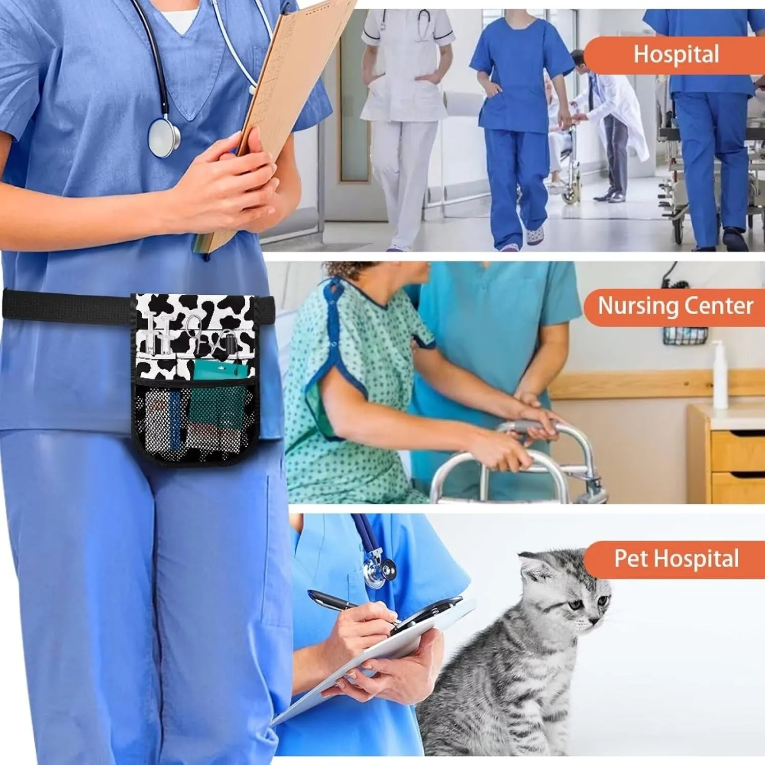 Black Cow Print Nurse Fanny Pack for Women Medical Organizer Belt Nurse Storage Bag Waist Bag Pouch for Medical Scissors Care Kit Tool
