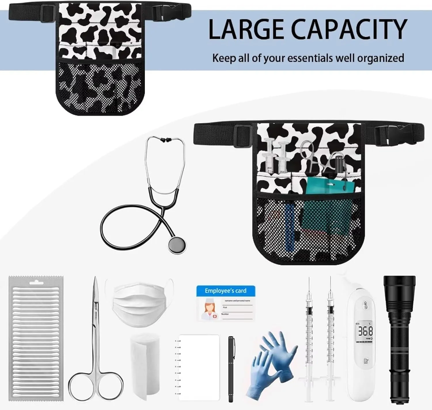 Black Cow Print Nurse Fanny Pack for Women Medical Organizer Belt Nurse Storage Bag Waist Bag Pouch for Medical Scissors Care Kit Tool