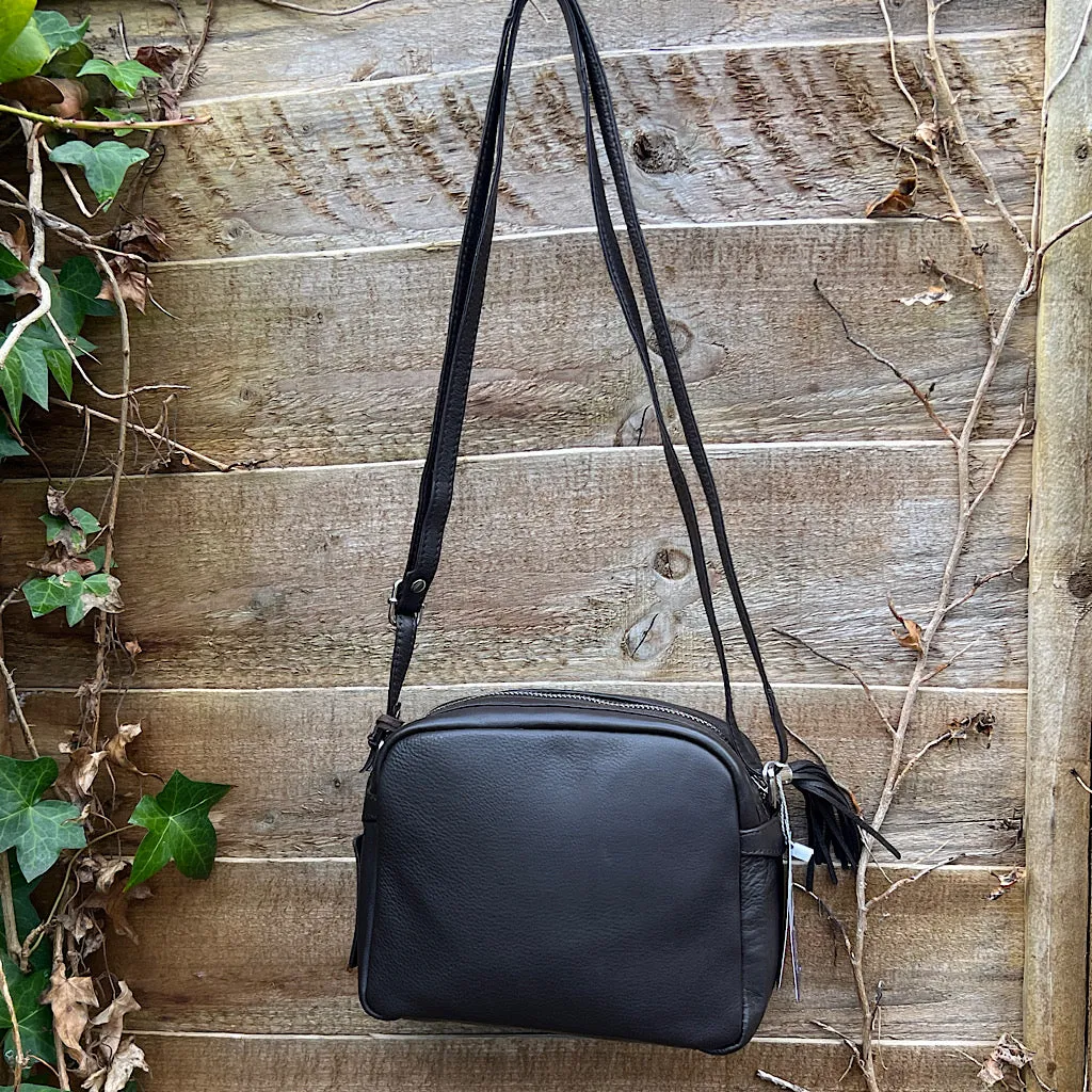 Brown Leather 'Alma' Camera Style Bag with Front Zip Pocket