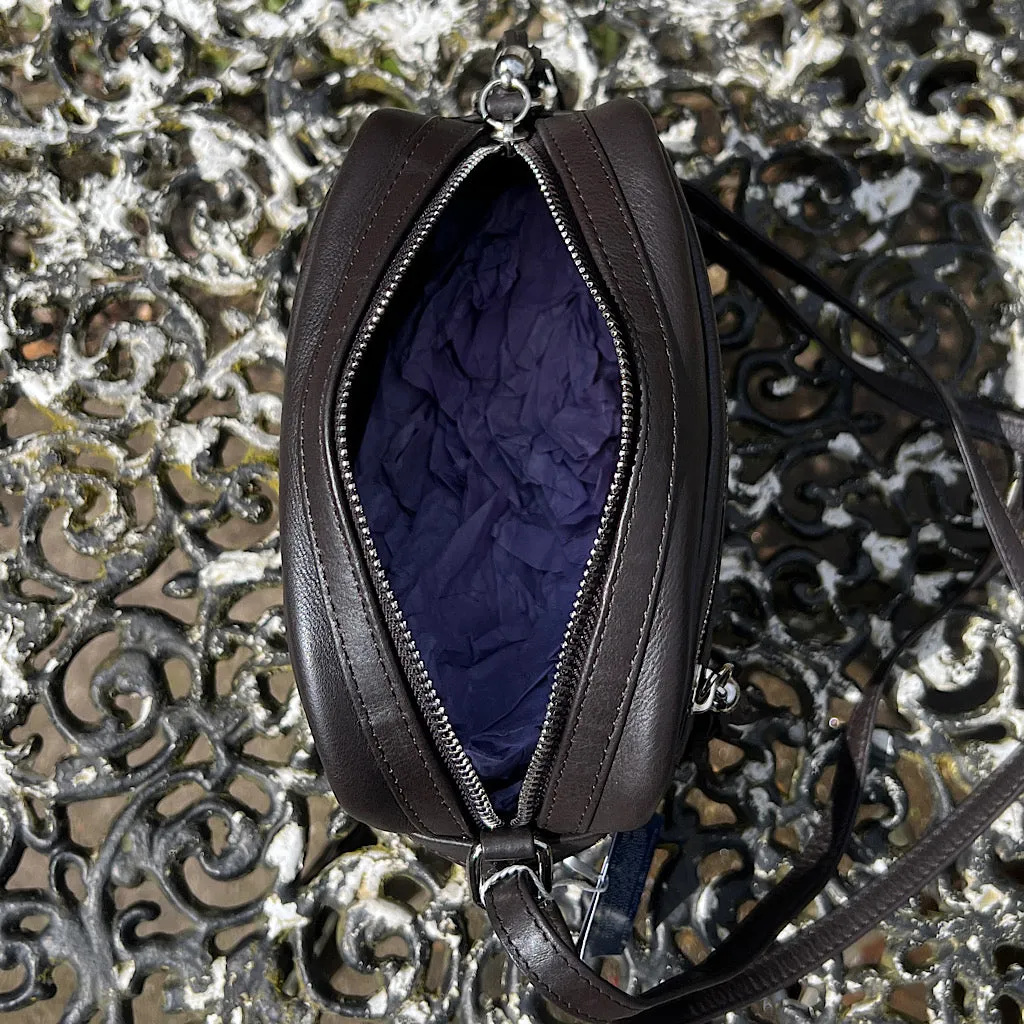 Brown Leather 'Alma' Camera Style Bag with Front Zip Pocket