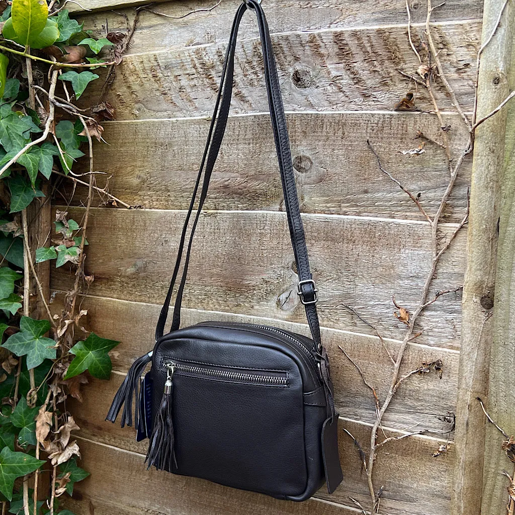 Brown Leather 'Alma' Camera Style Bag with Front Zip Pocket