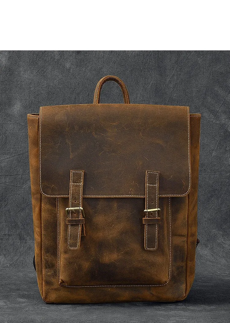 Brown Leather Mens 14" Laptop Backpack Hiking Backpack Travel Backpack College Bag for Men