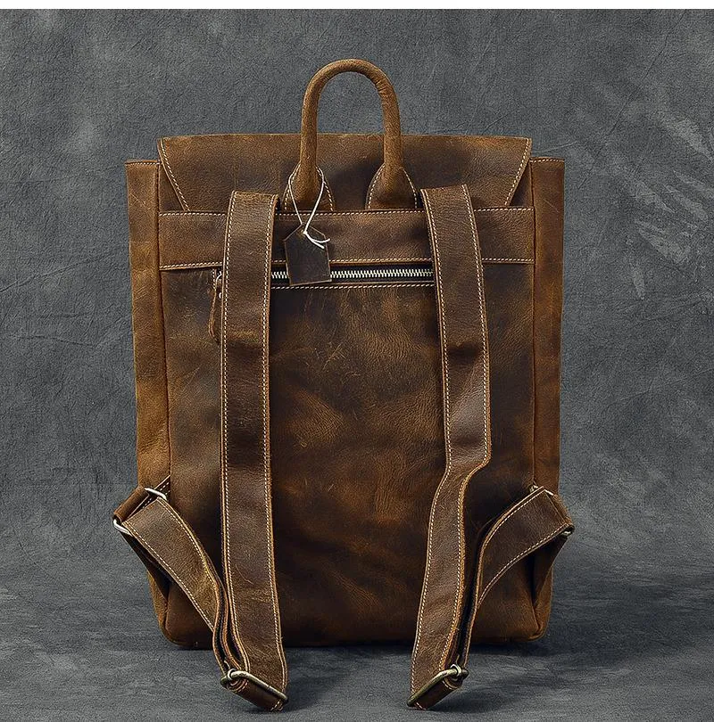 Brown Leather Mens 14" Laptop Backpack Hiking Backpack Travel Backpack College Bag for Men