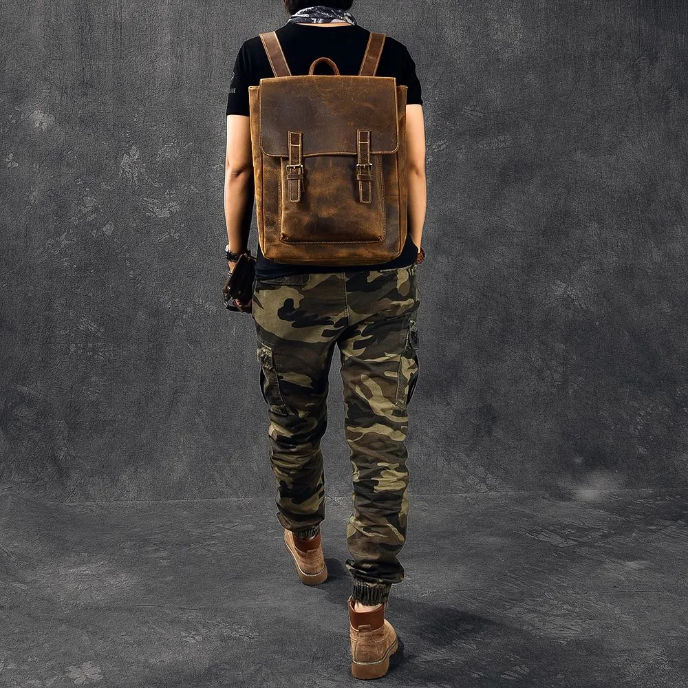 Brown Leather Mens 14" Laptop Backpack Hiking Backpack Travel Backpack College Bag for Men