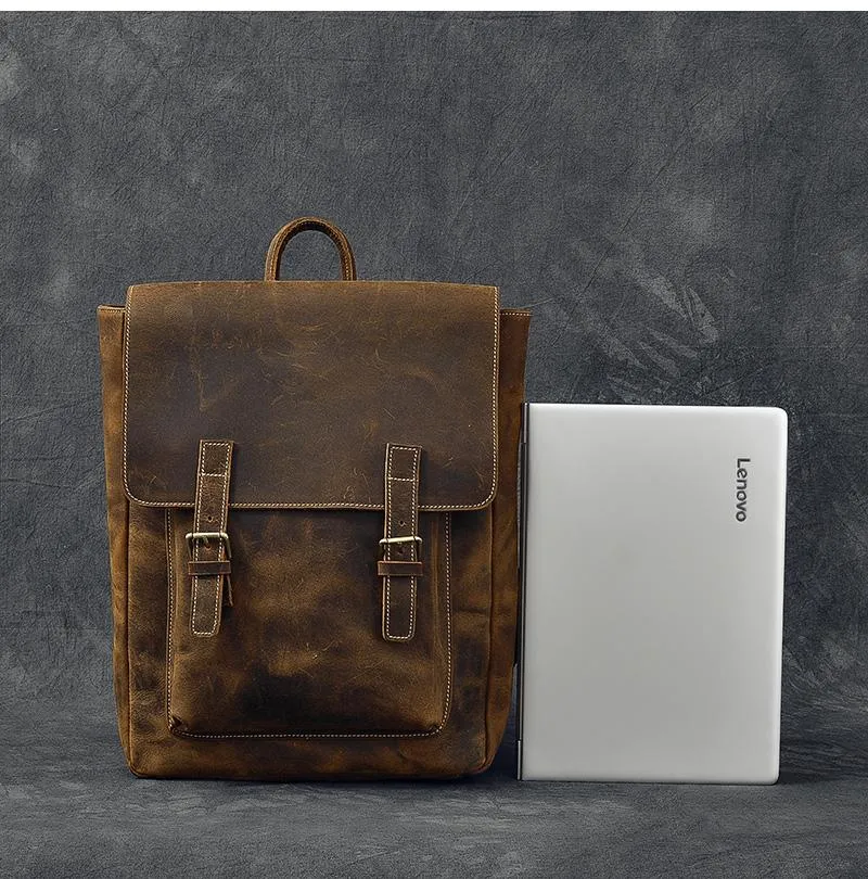 Brown Leather Mens 14" Laptop Backpack Hiking Backpack Travel Backpack College Bag for Men