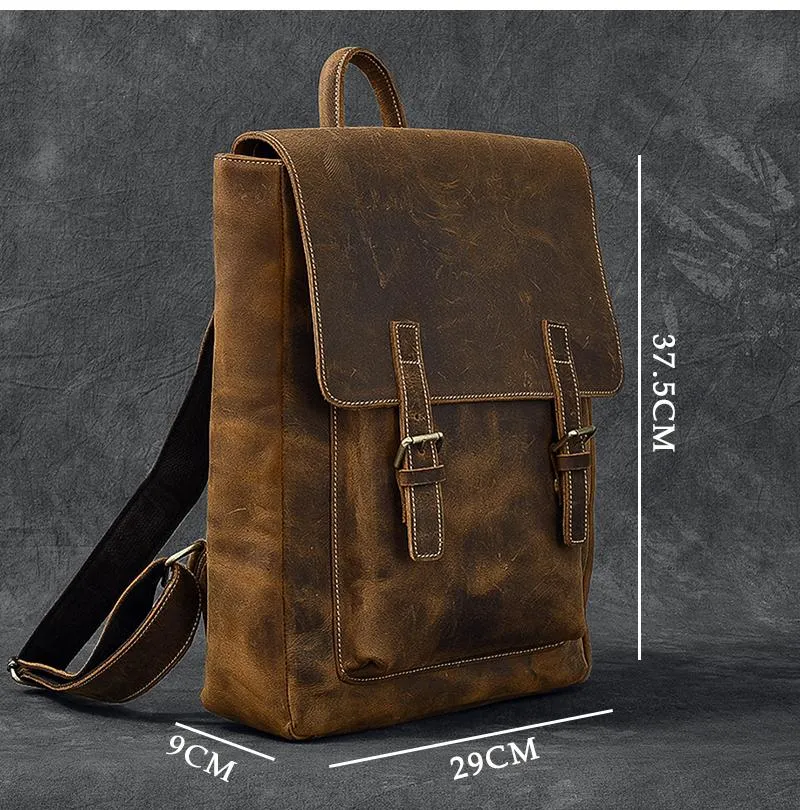 Brown Leather Mens 14" Laptop Backpack Hiking Backpack Travel Backpack College Bag for Men