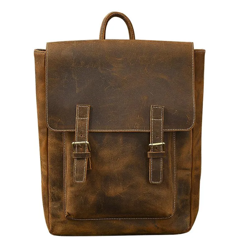 Brown Leather Mens 14" Laptop Backpack Hiking Backpack Travel Backpack College Bag for Men