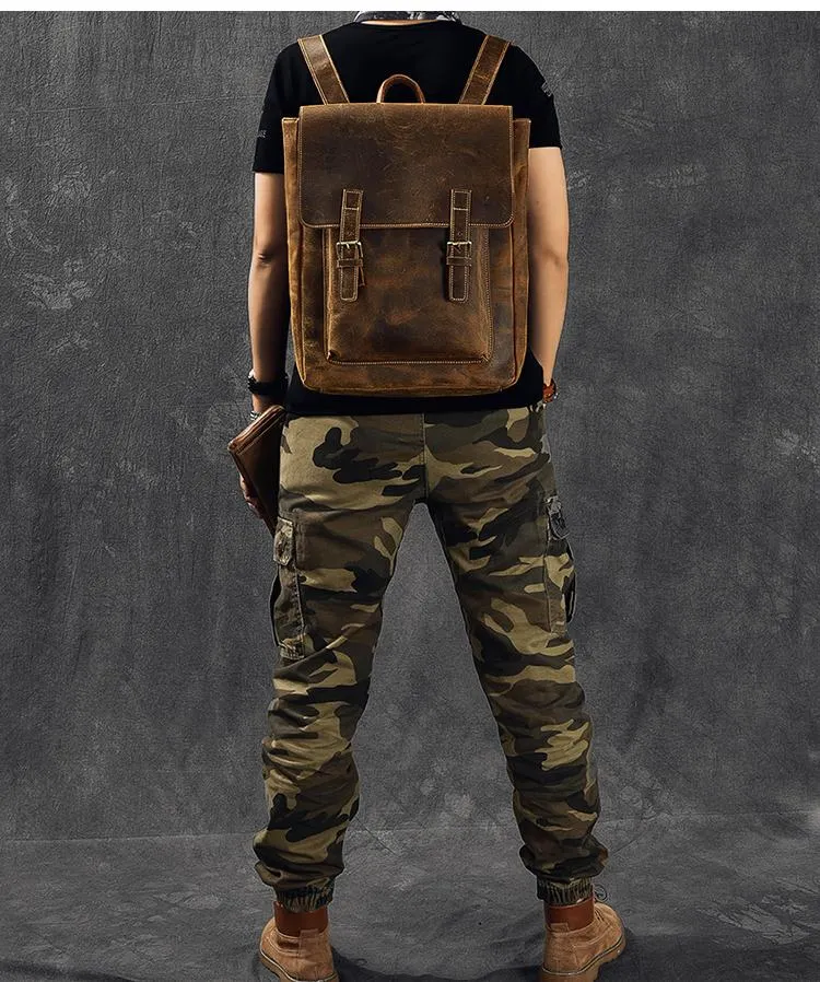 Brown Leather Mens 14" Laptop Backpack Hiking Backpack Travel Backpack College Bag for Men