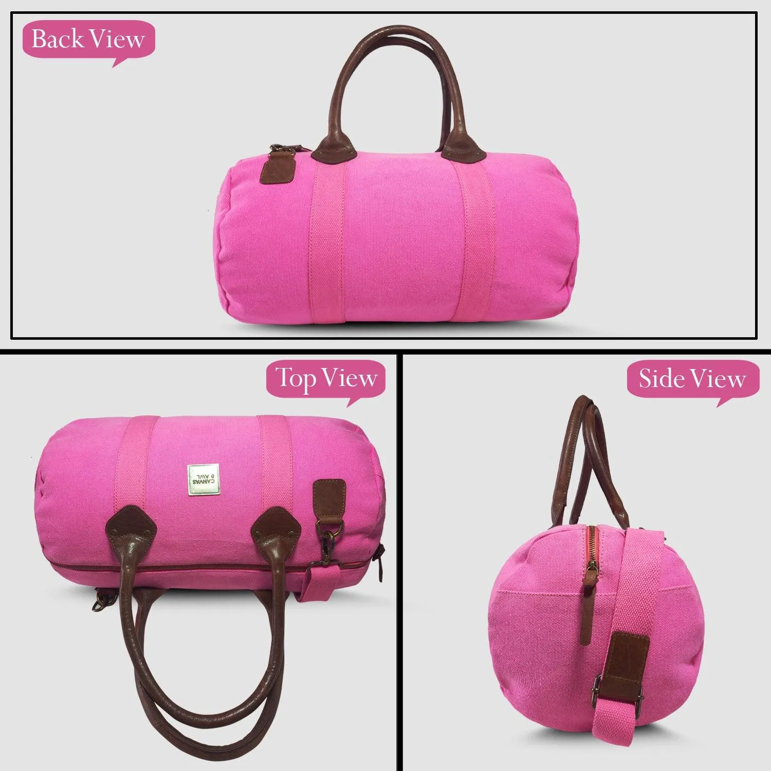 CANVAS & AWL Canvas and Genuine Leather Trim Unisex Travel Duffle Bag, Shoulder Weekender Overnight Bag (Pink)
