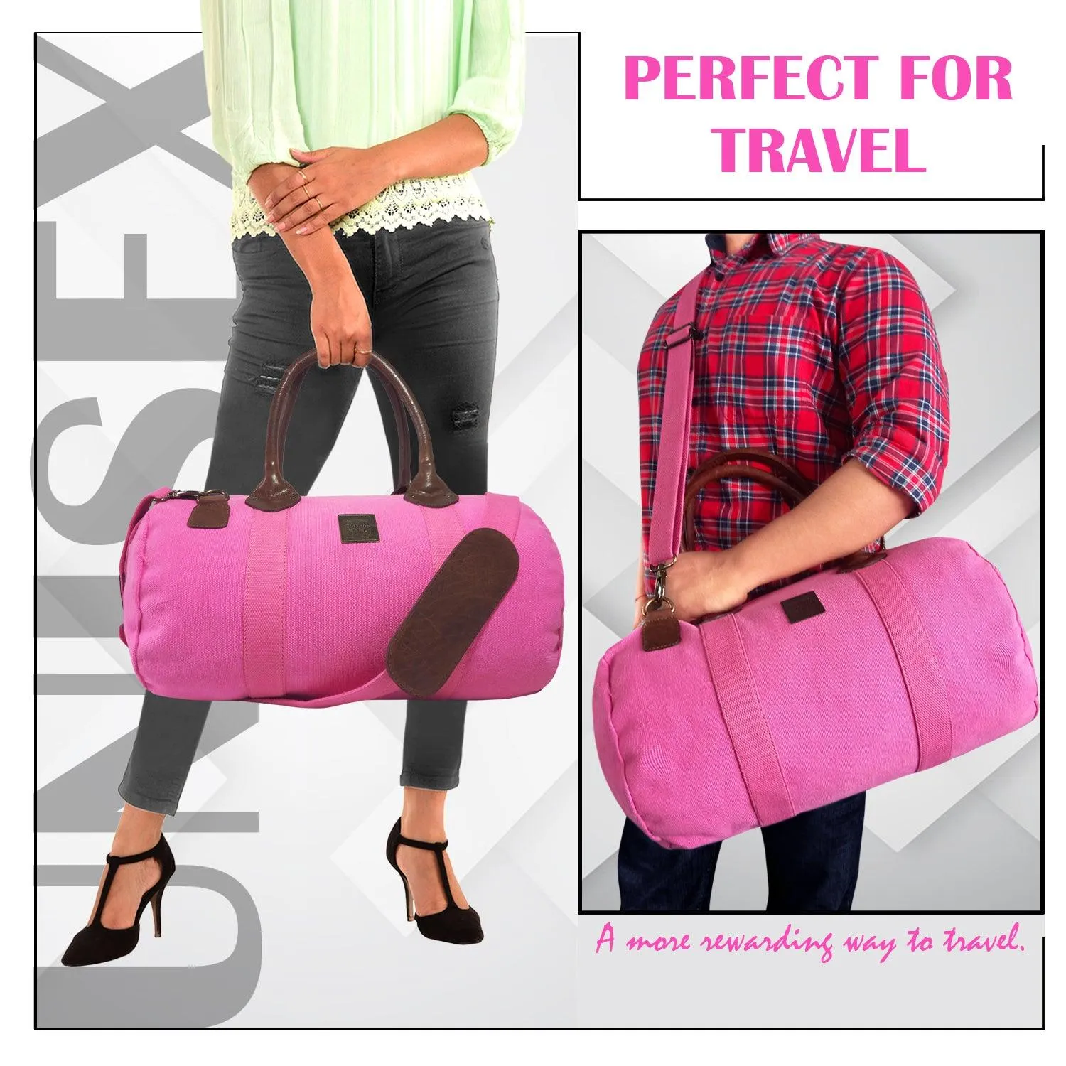 CANVAS & AWL Canvas and Genuine Leather Trim Unisex Travel Duffle Bag, Shoulder Weekender Overnight Bag (Pink)