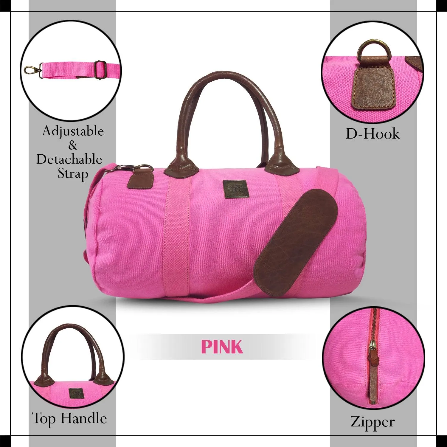 CANVAS & AWL Canvas and Genuine Leather Trim Unisex Travel Duffle Bag, Shoulder Weekender Overnight Bag (Pink)