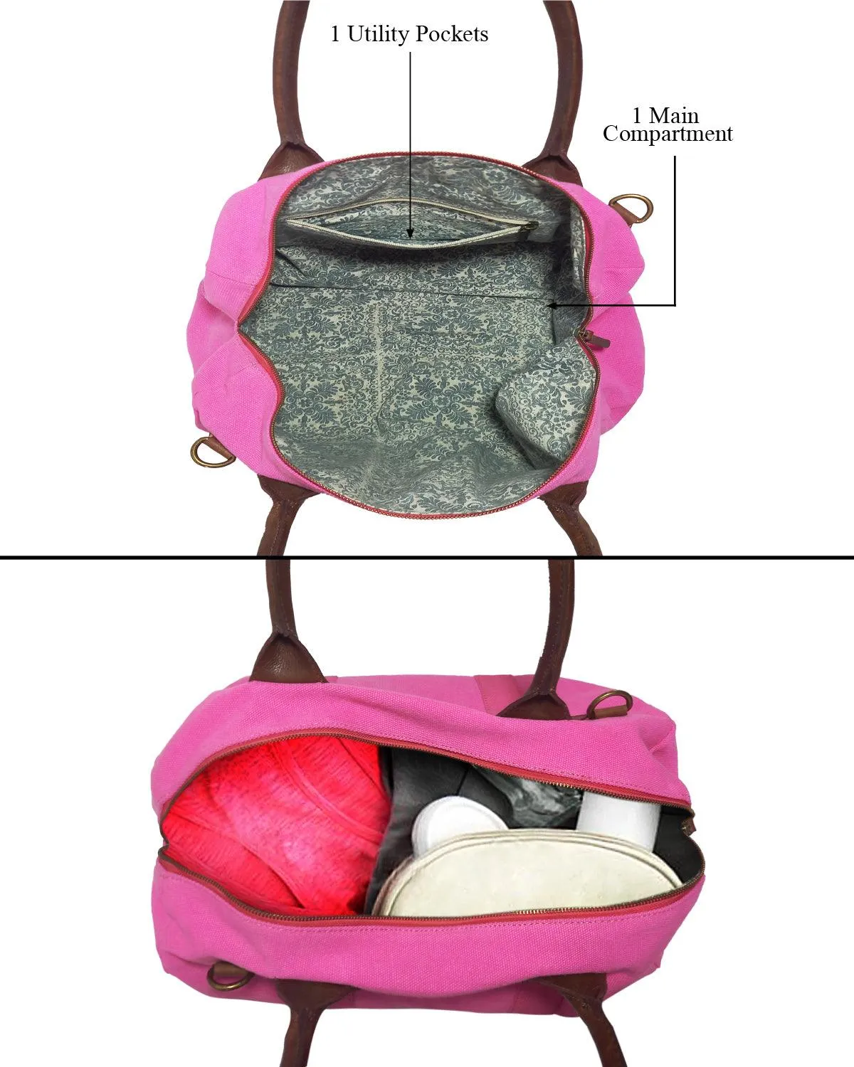 CANVAS & AWL Canvas and Genuine Leather Trim Unisex Travel Duffle Bag, Shoulder Weekender Overnight Bag (Pink)