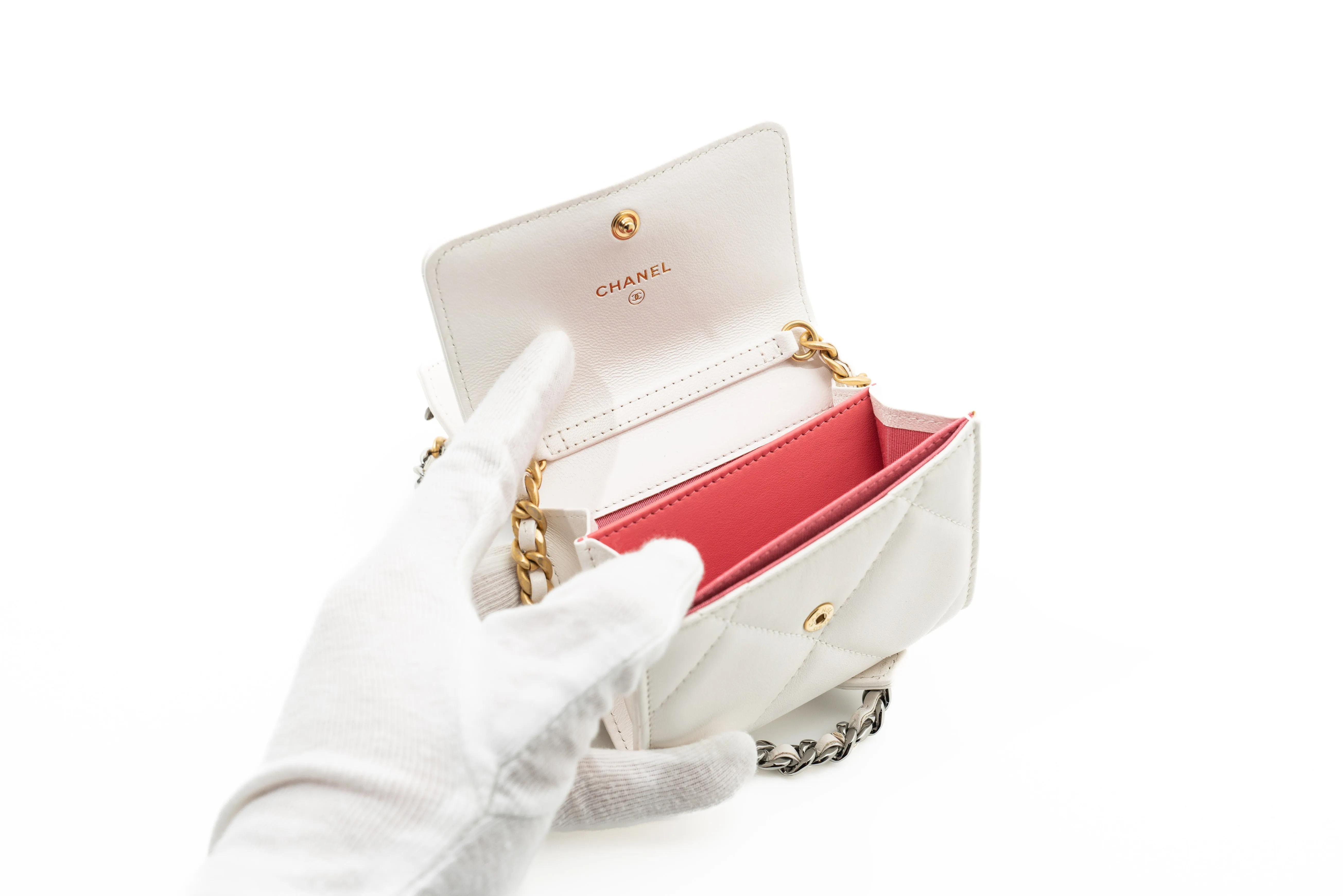 Chanel Lambskin Quilted Card Wallet on Chain in White GHW