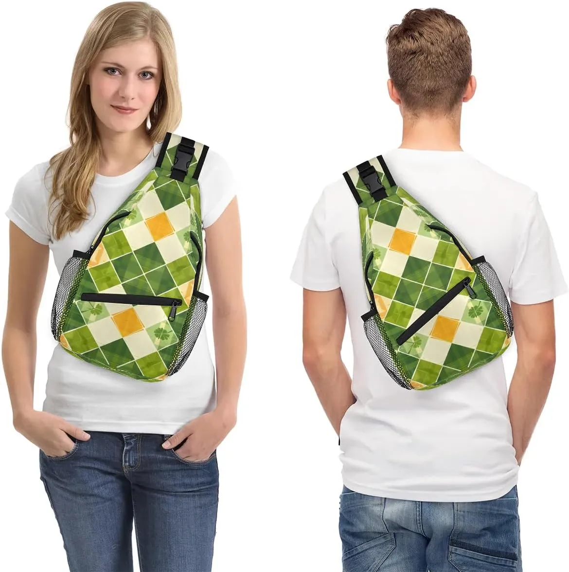 Clover Buffalo Plaid Sling Bag for Women Men Fanny Pack Small Sling Backpack St.Patrick's Day Crossbody Bag Chest Bag Casual Daypack for Work Travel Hiking