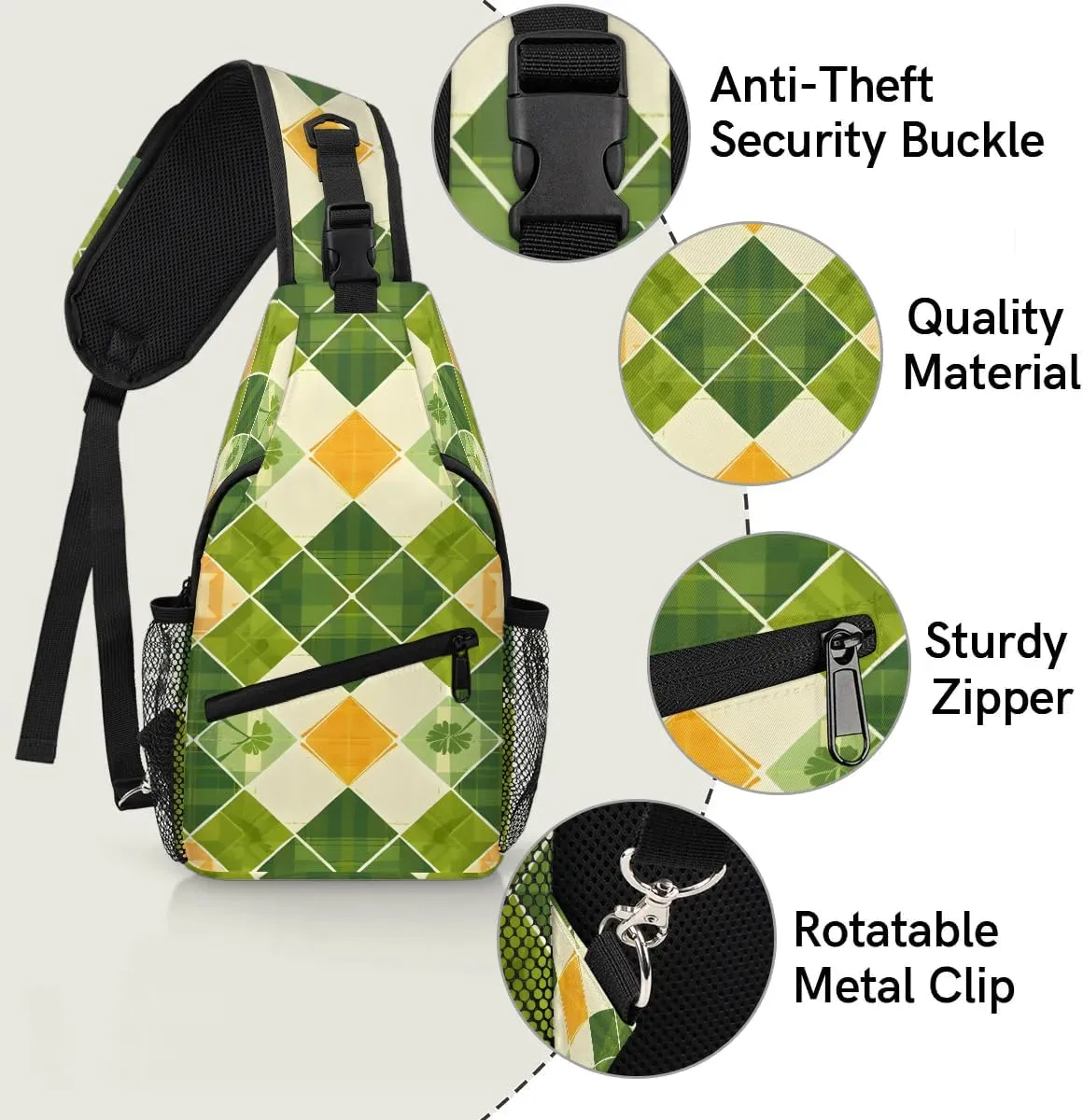 Clover Buffalo Plaid Sling Bag for Women Men Fanny Pack Small Sling Backpack St.Patrick's Day Crossbody Bag Chest Bag Casual Daypack for Work Travel Hiking