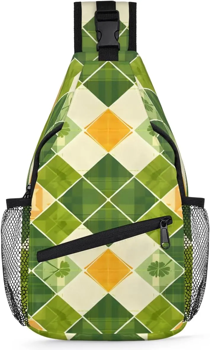 Clover Buffalo Plaid Sling Bag for Women Men Fanny Pack Small Sling Backpack St.Patrick's Day Crossbody Bag Chest Bag Casual Daypack for Work Travel Hiking