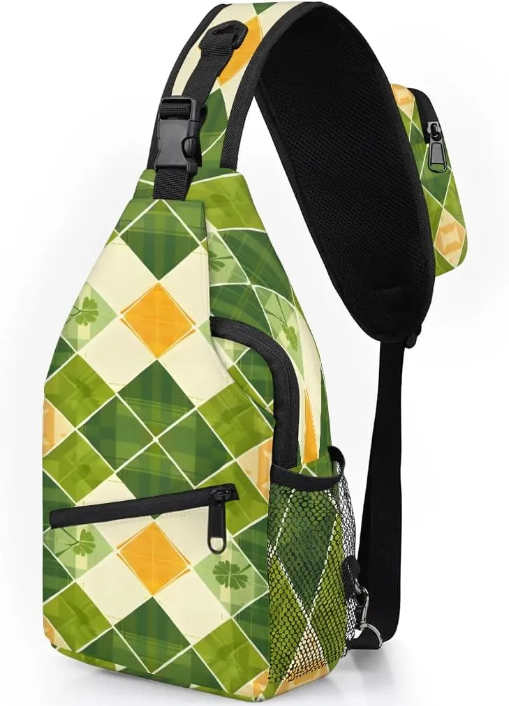 Clover Buffalo Plaid Sling Bag for Women Men Fanny Pack Small Sling Backpack St.Patrick's Day Crossbody Bag Chest Bag Casual Daypack for Work Travel Hiking
