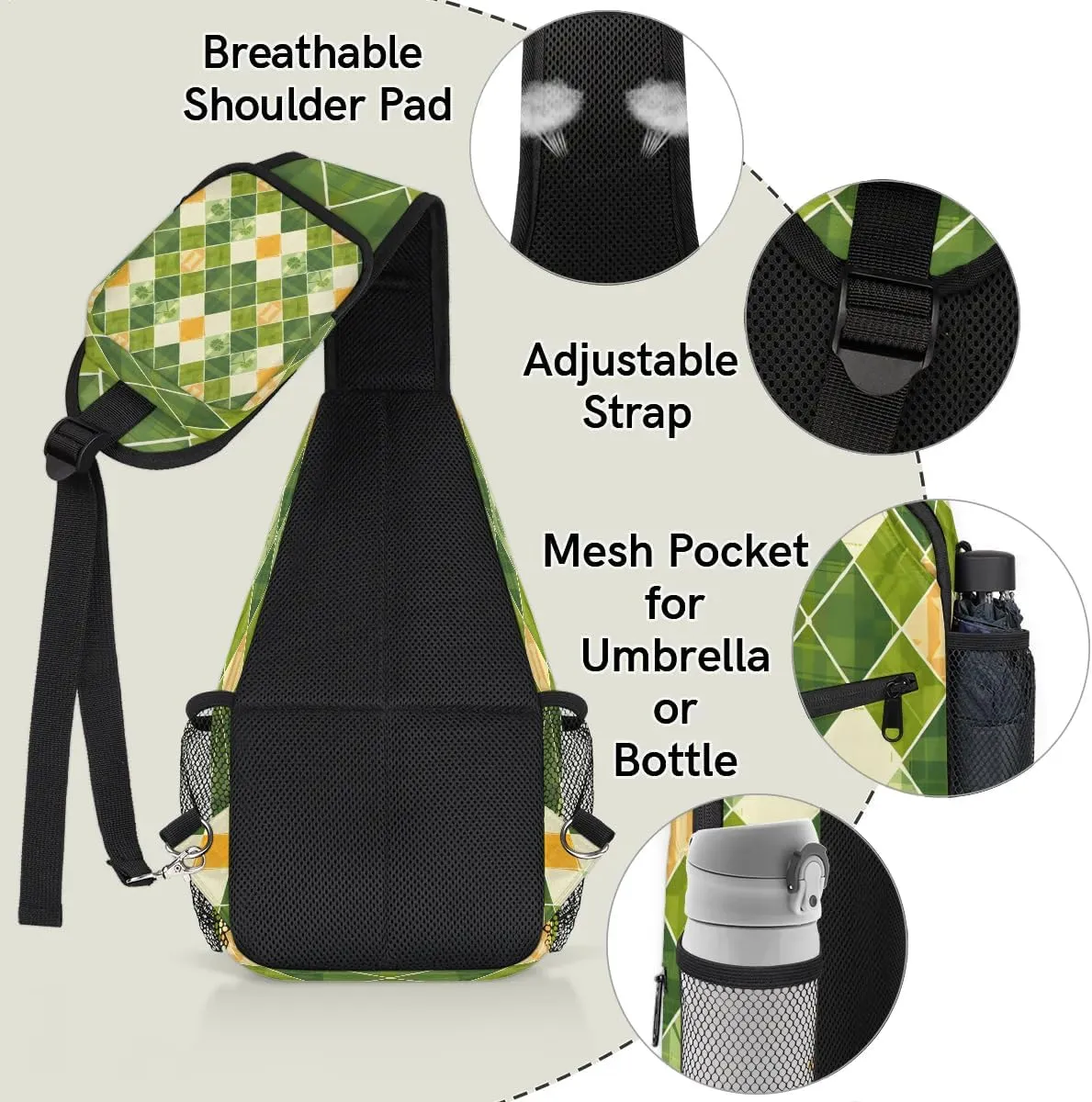 Clover Buffalo Plaid Sling Bag for Women Men Fanny Pack Small Sling Backpack St.Patrick's Day Crossbody Bag Chest Bag Casual Daypack for Work Travel Hiking