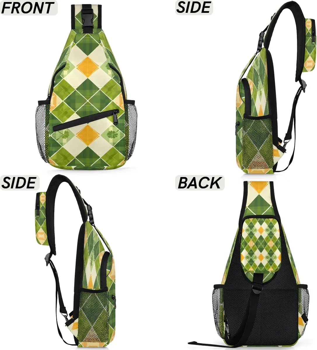 Clover Buffalo Plaid Sling Bag for Women Men Fanny Pack Small Sling Backpack St.Patrick's Day Crossbody Bag Chest Bag Casual Daypack for Work Travel Hiking