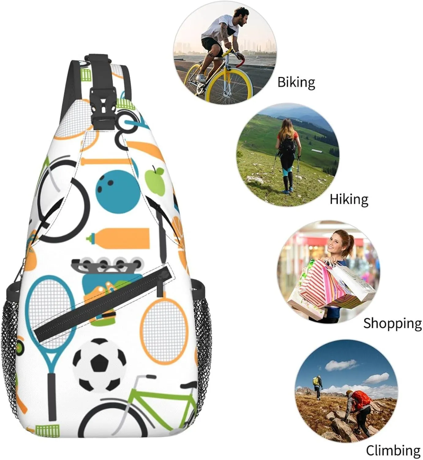 Crossbody Sling Bag for Men Women, Ball Shuttlecocks Bowling Tennis Baseball Sling Backpack Shoulder Chest Bag, Anti Theft Travel Hiking Daypacks