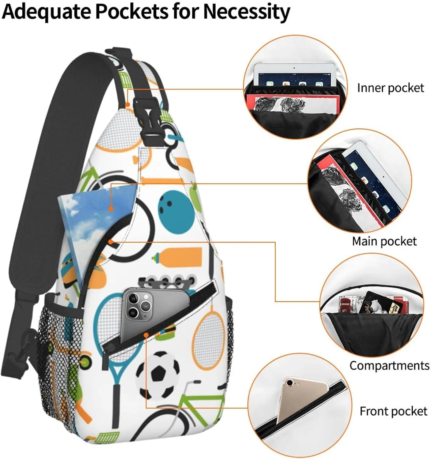 Crossbody Sling Bag for Men Women, Ball Shuttlecocks Bowling Tennis Baseball Sling Backpack Shoulder Chest Bag, Anti Theft Travel Hiking Daypacks