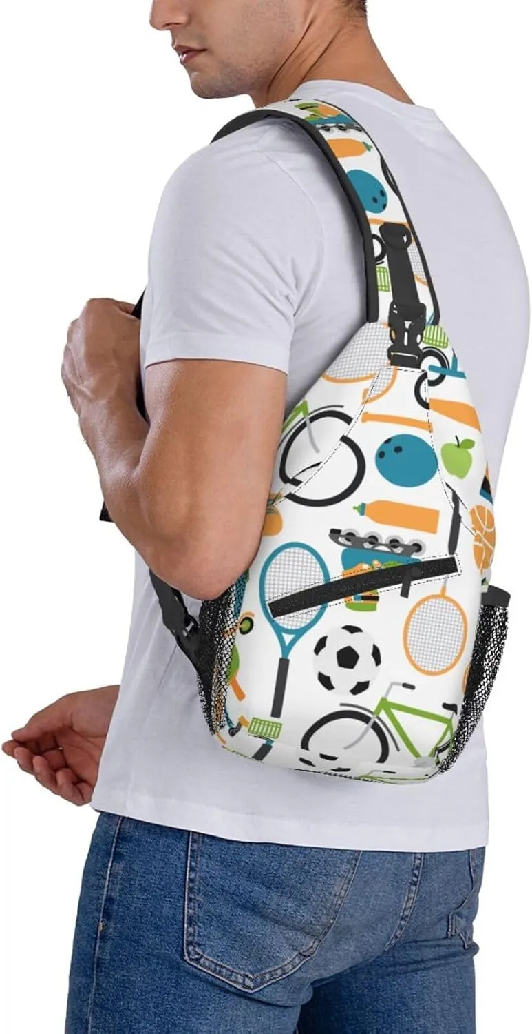 Crossbody Sling Bag for Men Women, Ball Shuttlecocks Bowling Tennis Baseball Sling Backpack Shoulder Chest Bag, Anti Theft Travel Hiking Daypacks