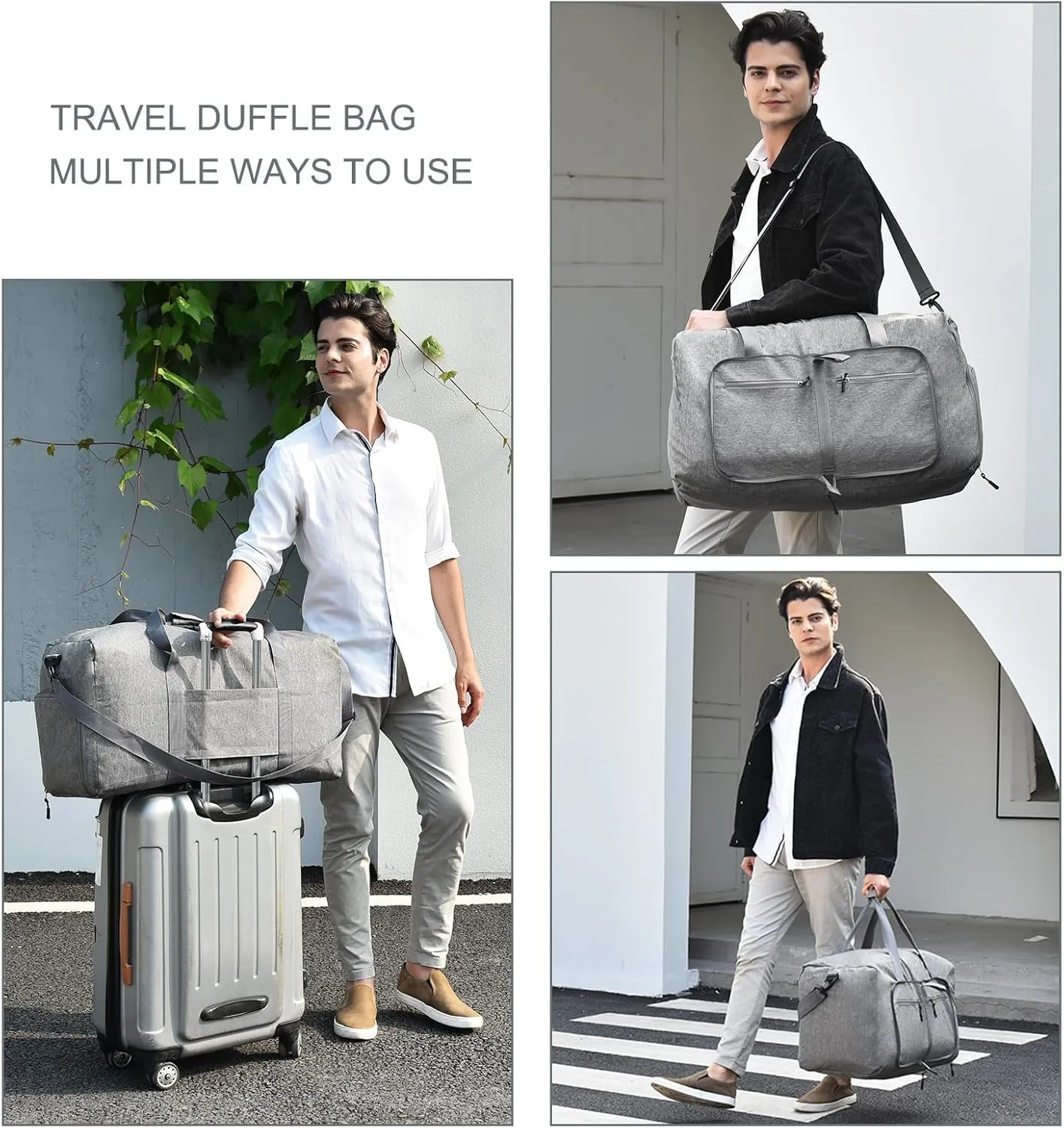 Dimayar 65L Travel Duffle Bag for Men Women - Foldable Duffel Bag with Shoes Compartment - Overnight Bags Waterproof & Tear Resistant(Gray)