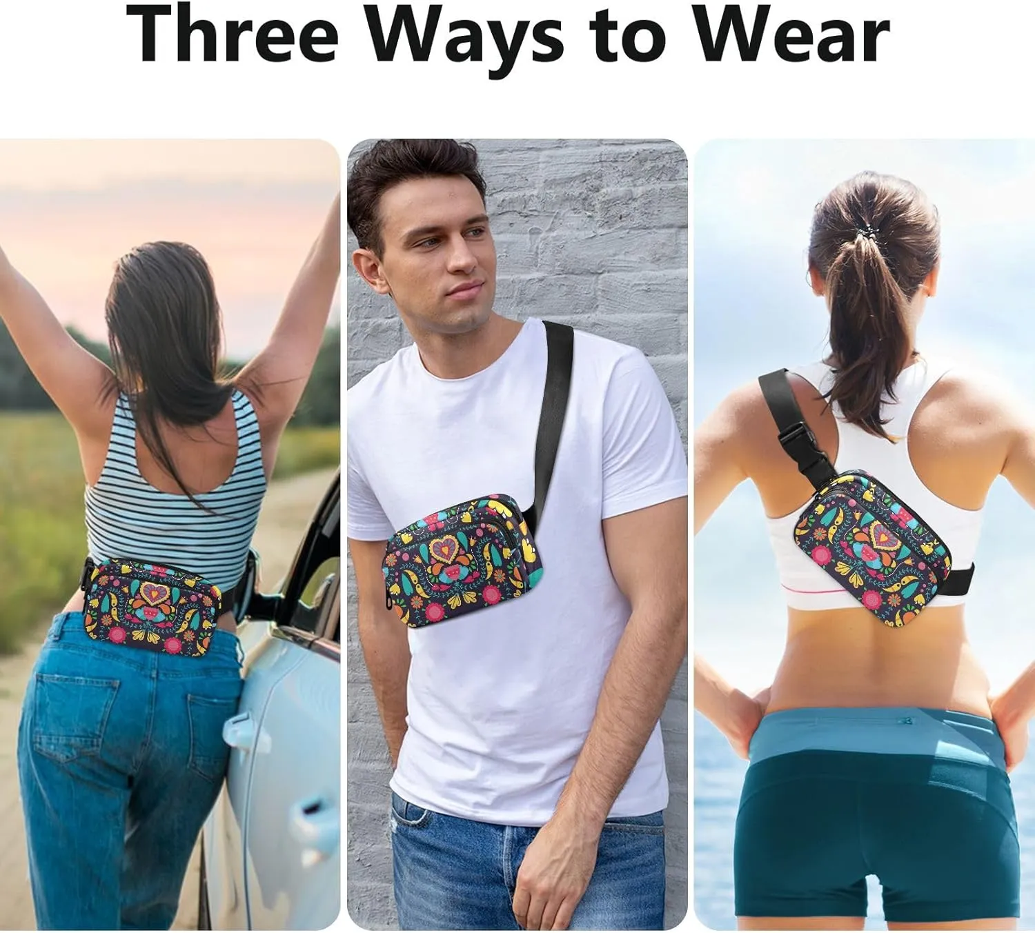 Fanny Pack for Men Women Crossbody Bag Belt Bag Nylon Waterproof Fashion Waist Packs Running Hiking Sports Bags Travel Side Bag Heart Retro Floral Black