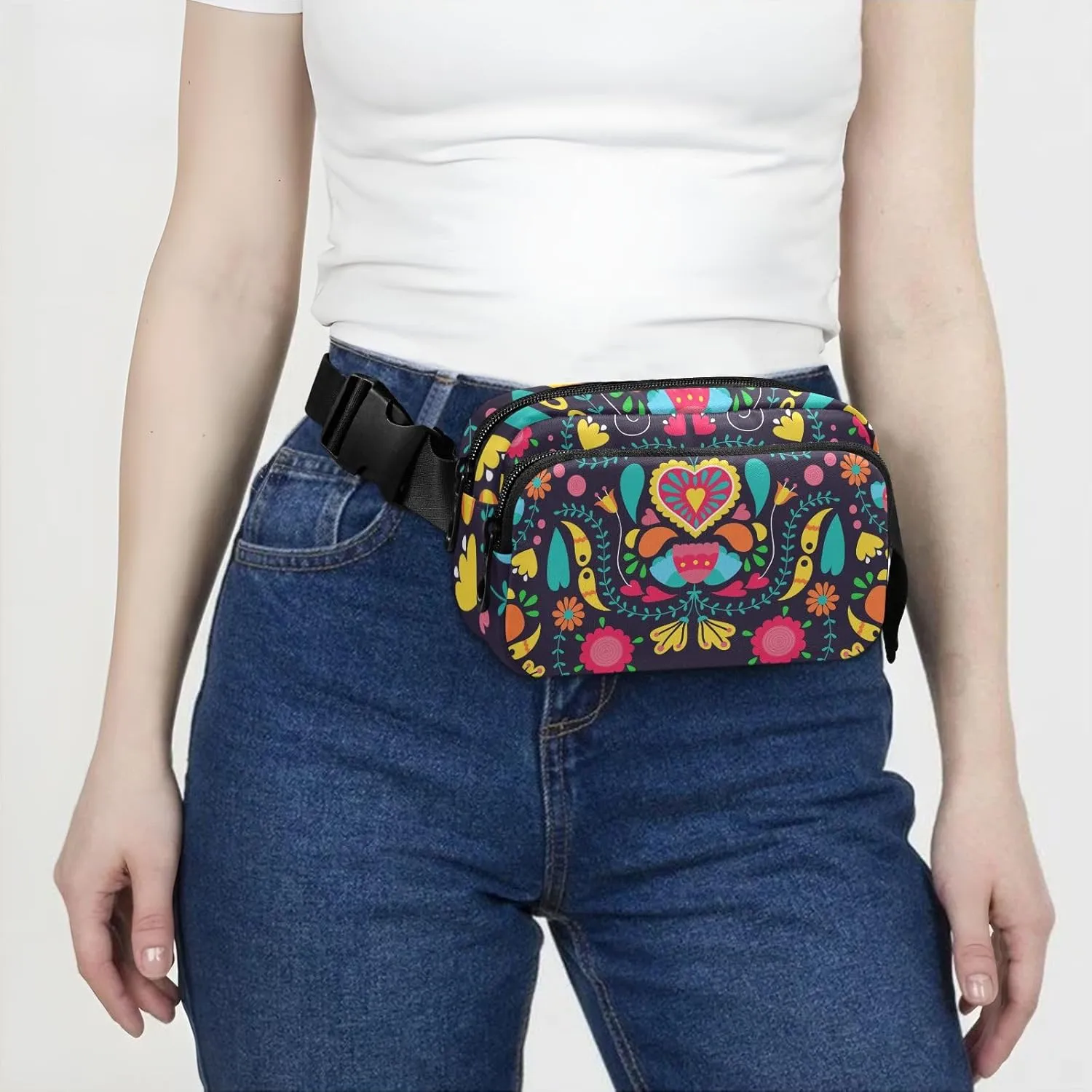 Fanny Pack for Men Women Crossbody Bag Belt Bag Nylon Waterproof Fashion Waist Packs Running Hiking Sports Bags Travel Side Bag Heart Retro Floral Black
