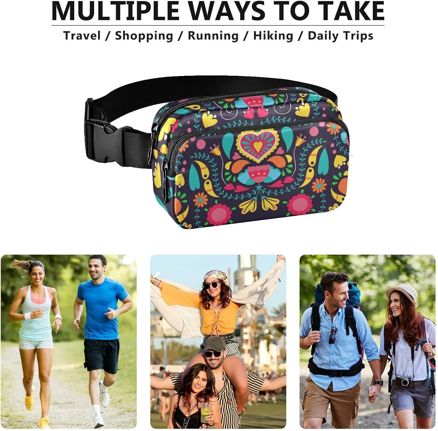 Fanny Pack for Men Women Crossbody Bag Belt Bag Nylon Waterproof Fashion Waist Packs Running Hiking Sports Bags Travel Side Bag Heart Retro Floral Black