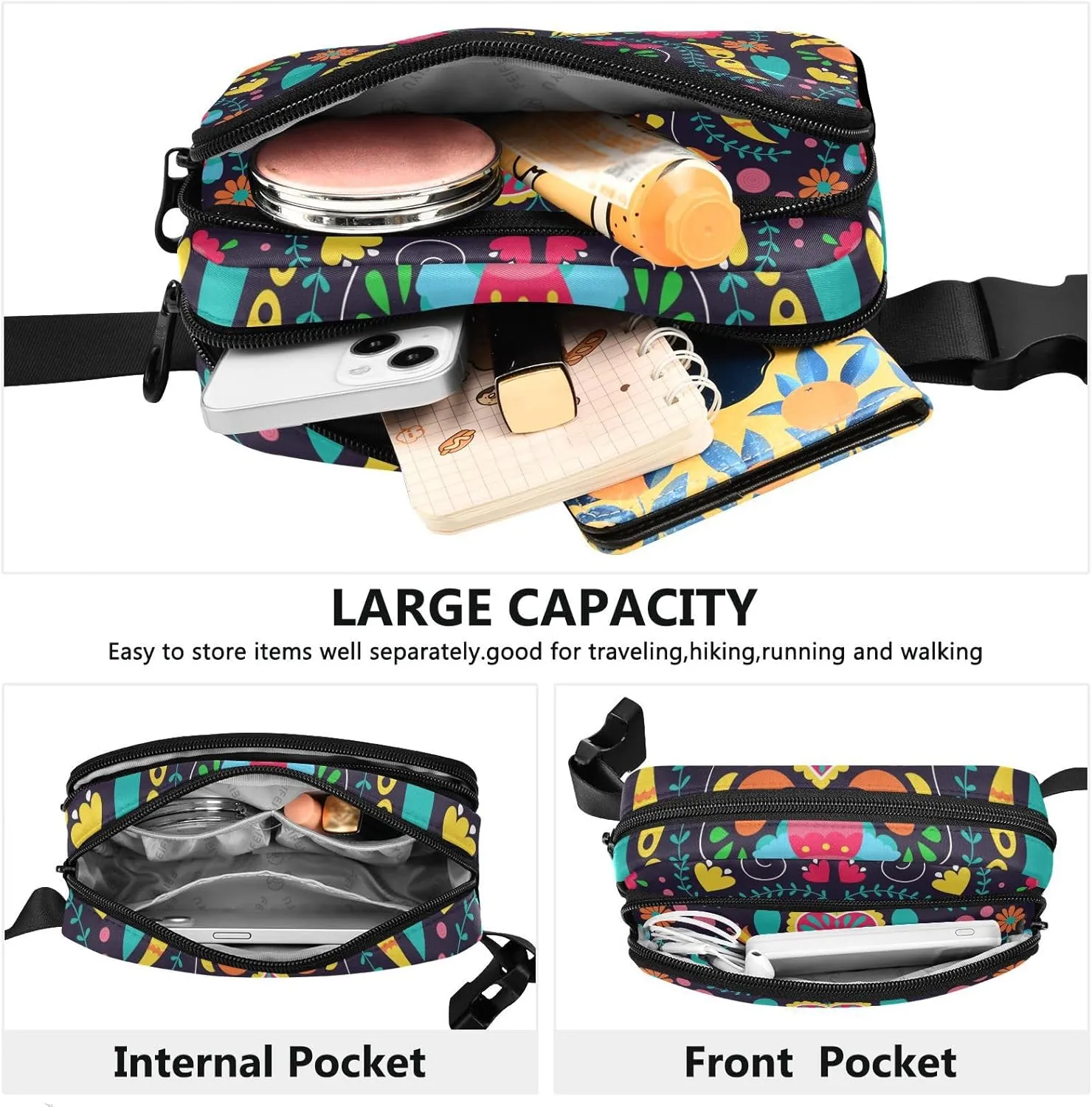 Fanny Pack for Men Women Crossbody Bag Belt Bag Nylon Waterproof Fashion Waist Packs Running Hiking Sports Bags Travel Side Bag Heart Retro Floral Black