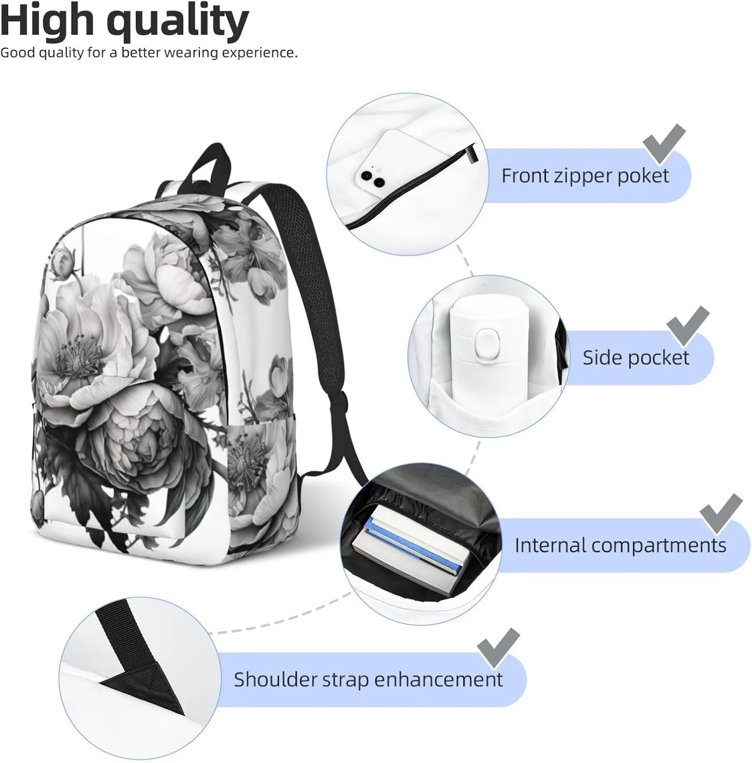 Floral Graphite Canvas Backpack For Men Women,Casual Rucksack Backpack, Laptop College Hiking Travel Bag