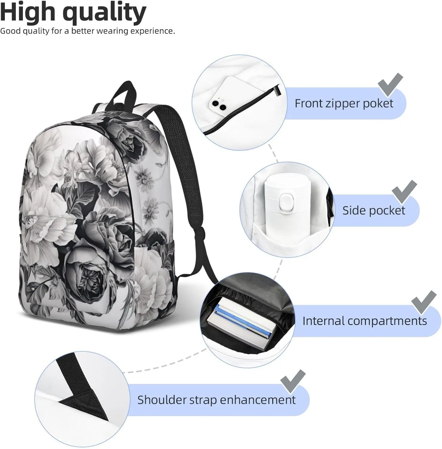 Floral Graphite Canvas Backpack For Men Women,Casual Rucksack Backpack, Laptop College Hiking Travel Bag