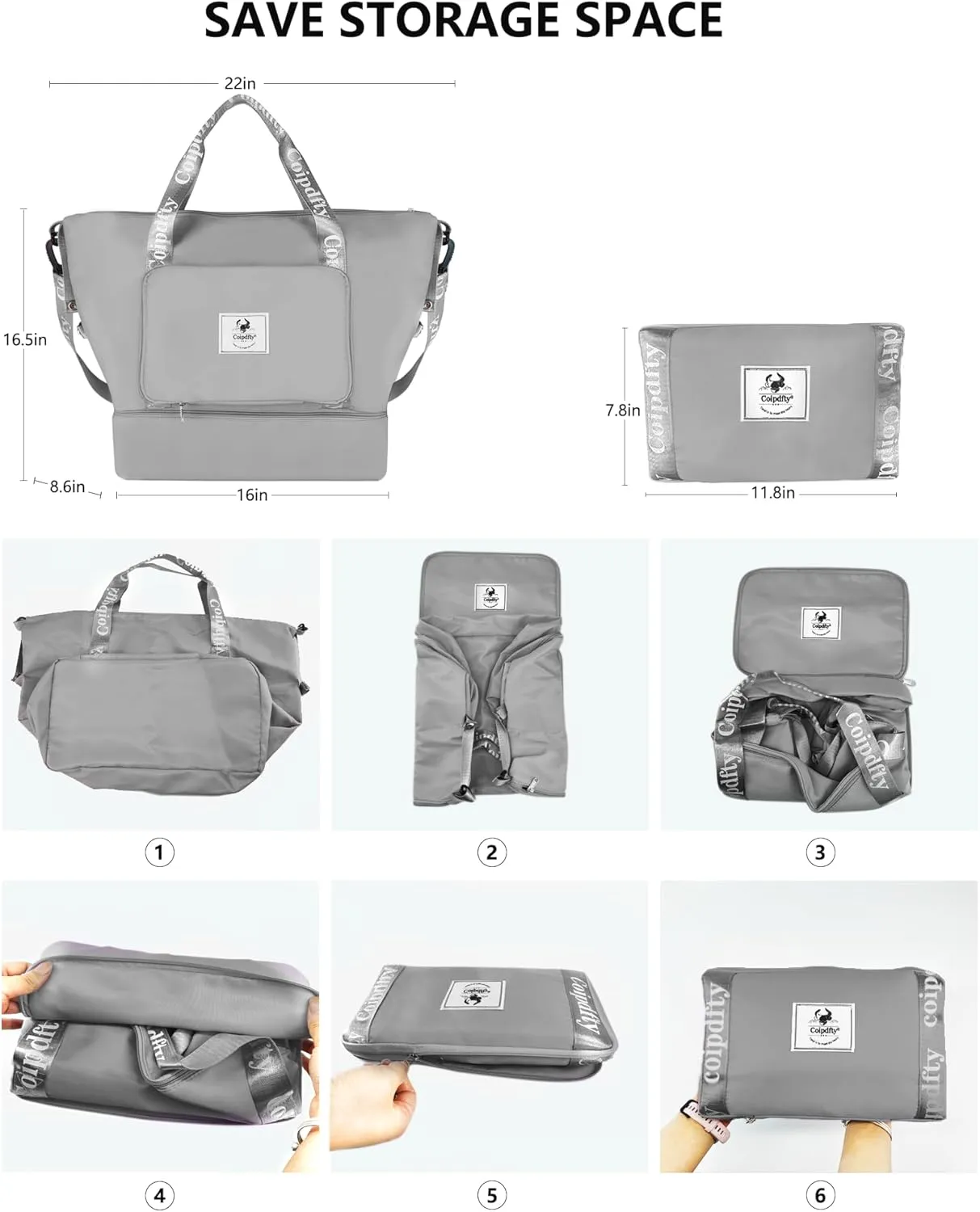 Foldable Dry/Wet Travel Duffle Bag, Shoe Compartment, Large Capacity, Luggage Sleeve, Gym Weekender Bag