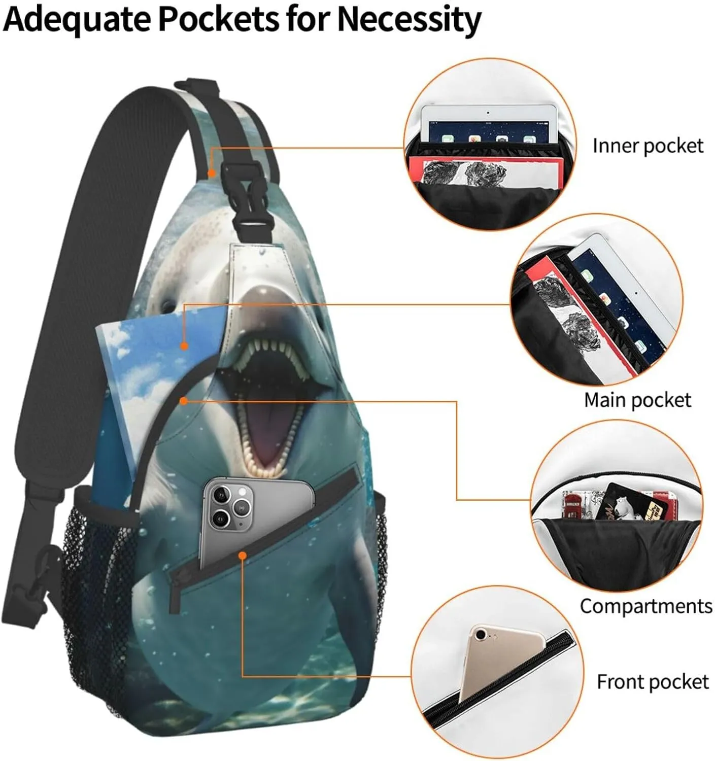 Funny Animal Dolphin Shoulder Bag Crossbody Backpack Chest Bag Lightweight Sling Daypackstravel Hiking Cycling For Men Women