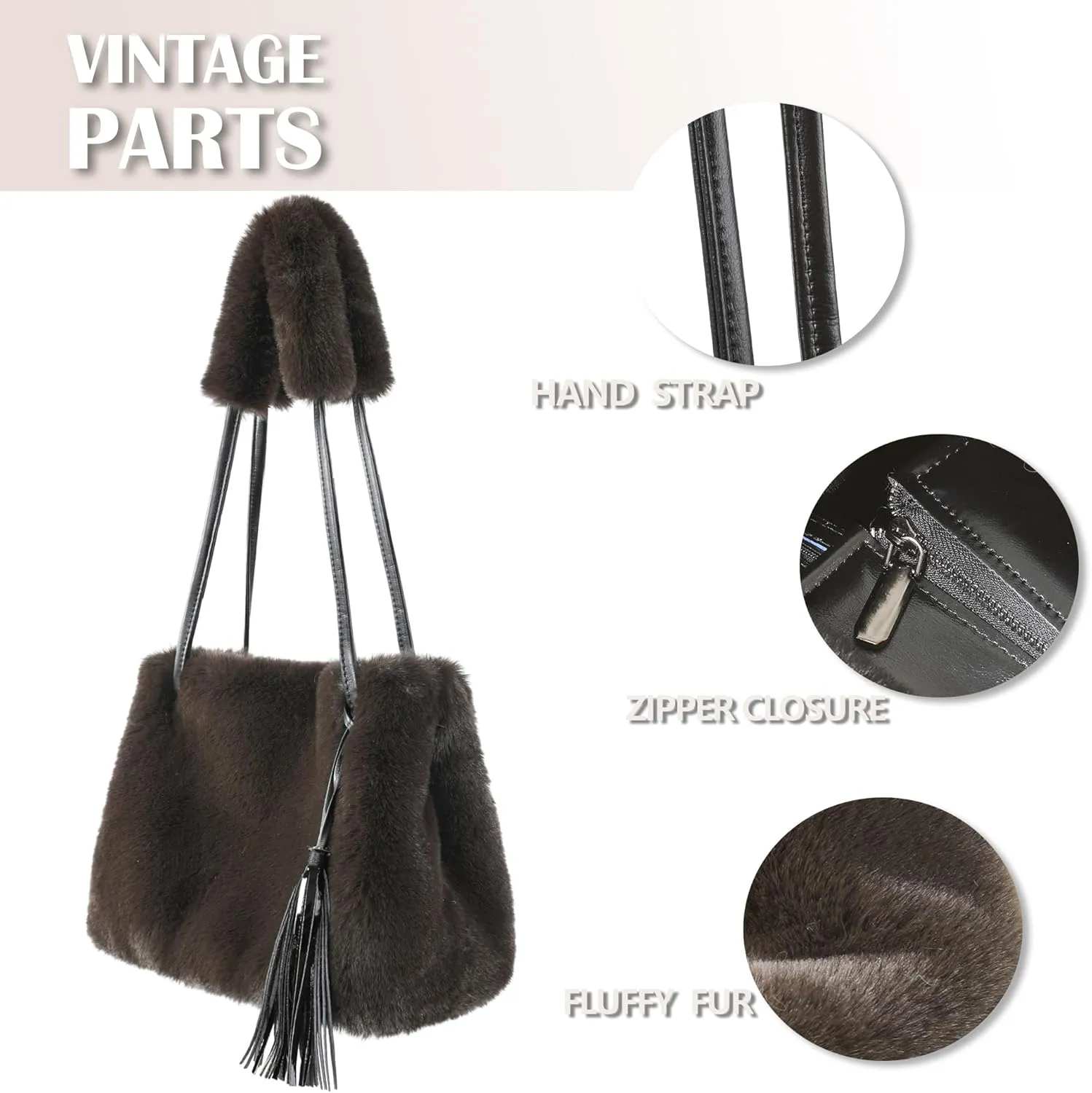 Fur Story Tote Bag Faux Fur Purses for Women Plush Handbag Fuzzy Shoulder Bag Big Capacity Black Purse for womens Girls
