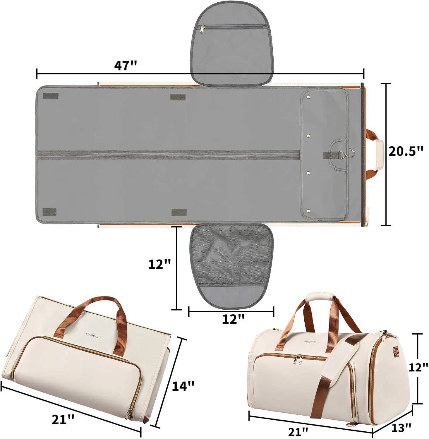 Garment Bags for Travel, Convertible Garment Bag with Detachable Hanging Suit Bag, Carry on Travel Duffel Bag with Shoulder Strap and Shoes Cover, 3 in 1 Hanging Suit Bags for Women/Men, White Brown
