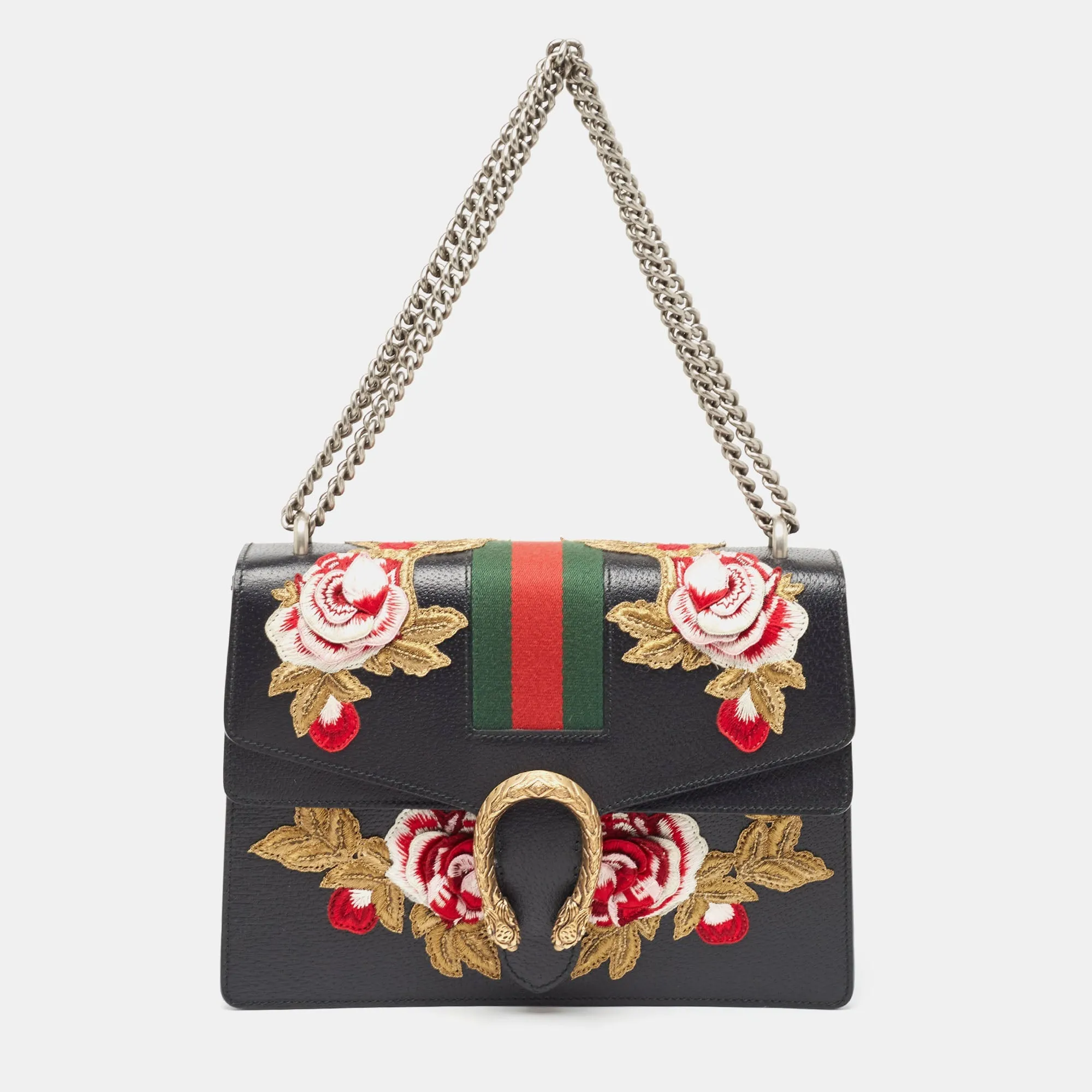 Gucci  Leather Medium Embroidered Web Dionysus Shoulder Bag