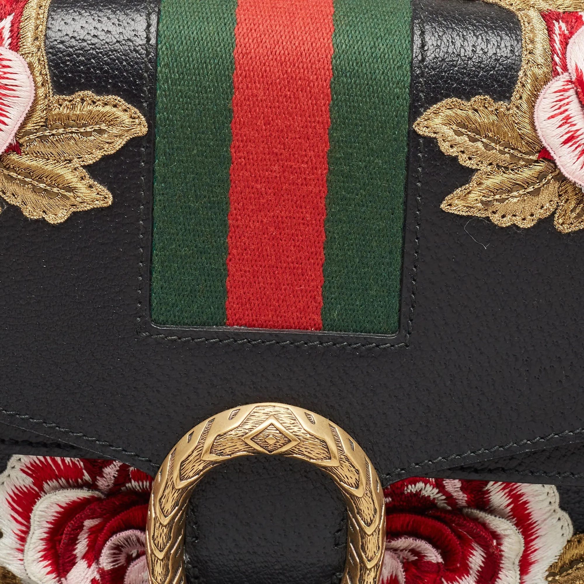 Gucci  Leather Medium Embroidered Web Dionysus Shoulder Bag
