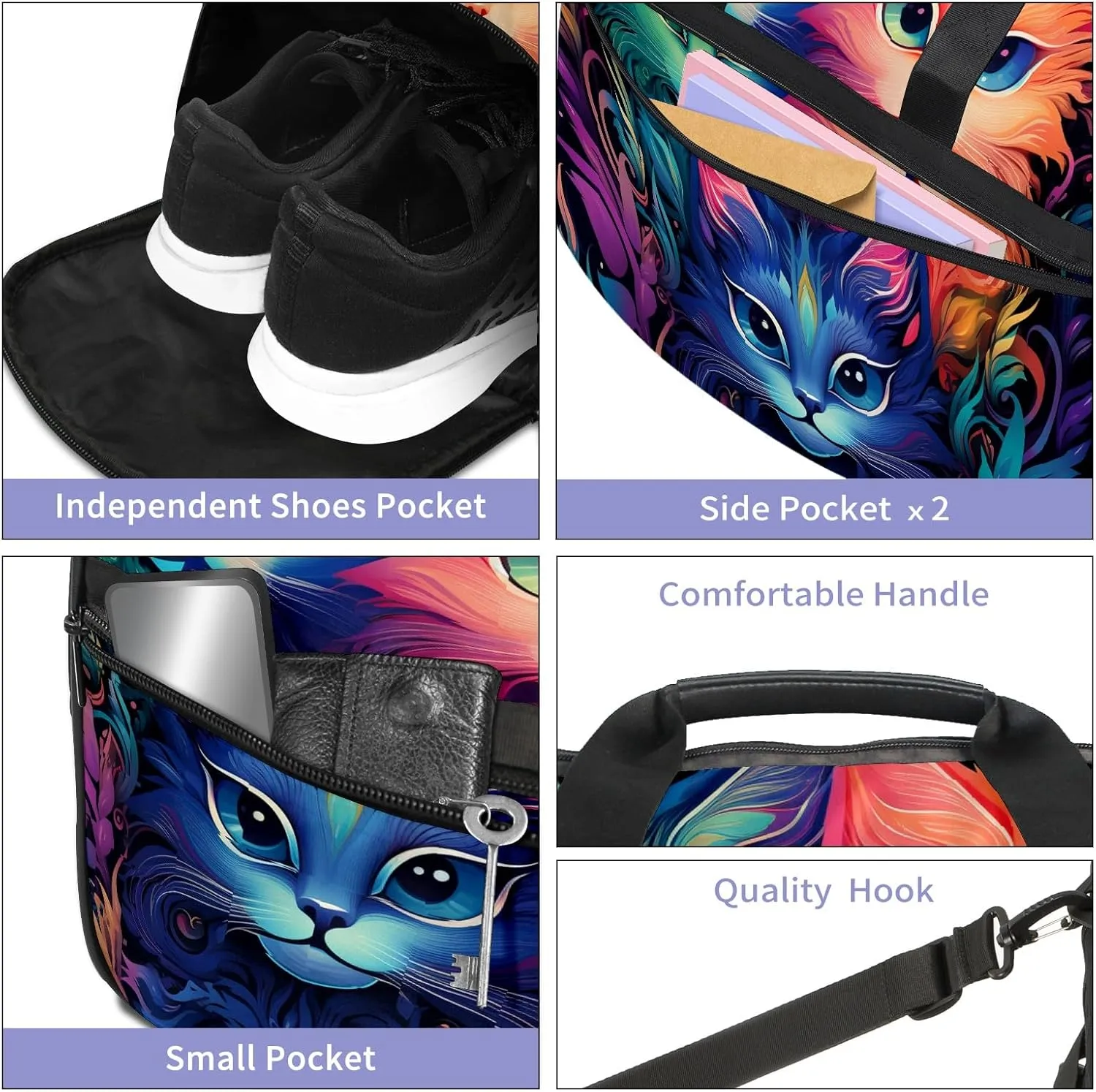 Gym Bag for Women, Carry on Weekender Overnight Bag, Travel Duffel Bags, Personal Item Travel Bag Tote Bag Workout Dance Bag, Cat - 23