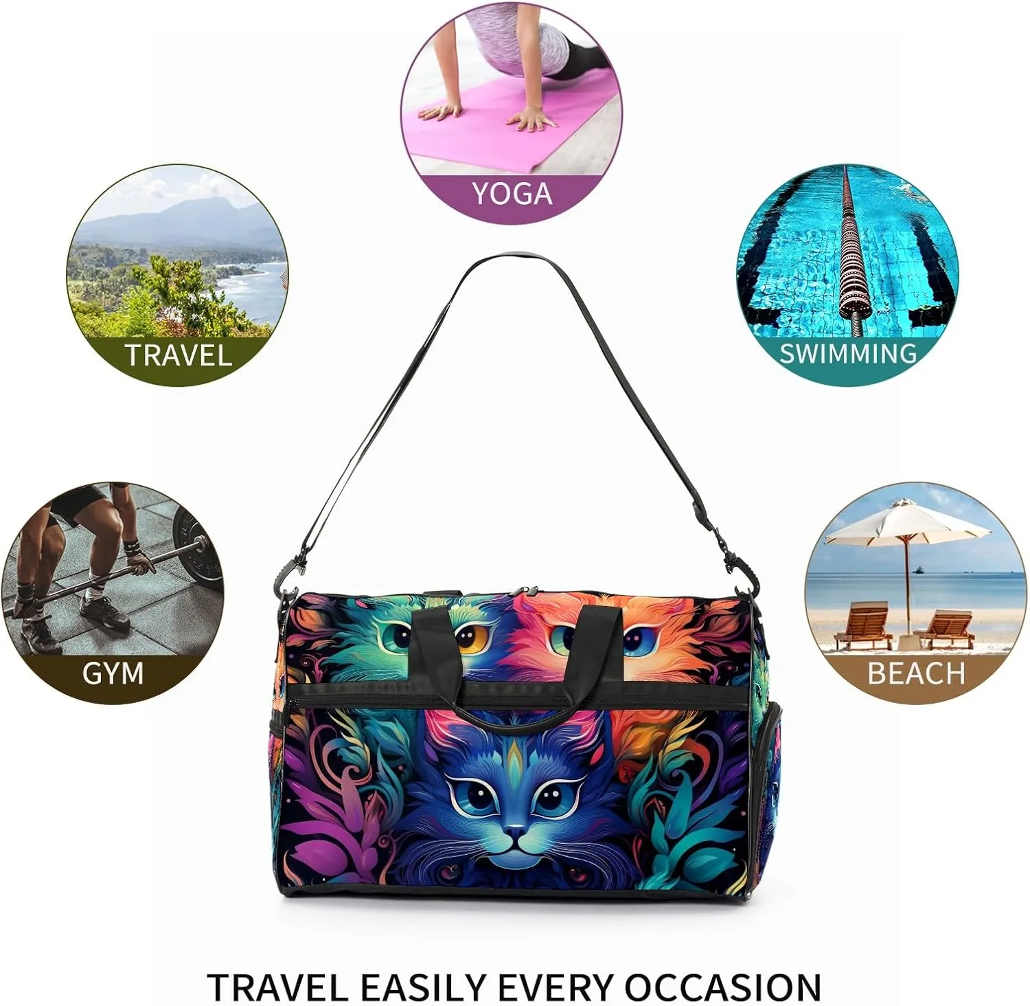 Gym Bag for Women, Carry on Weekender Overnight Bag, Travel Duffel Bags, Personal Item Travel Bag Tote Bag Workout Dance Bag, Cat - 23