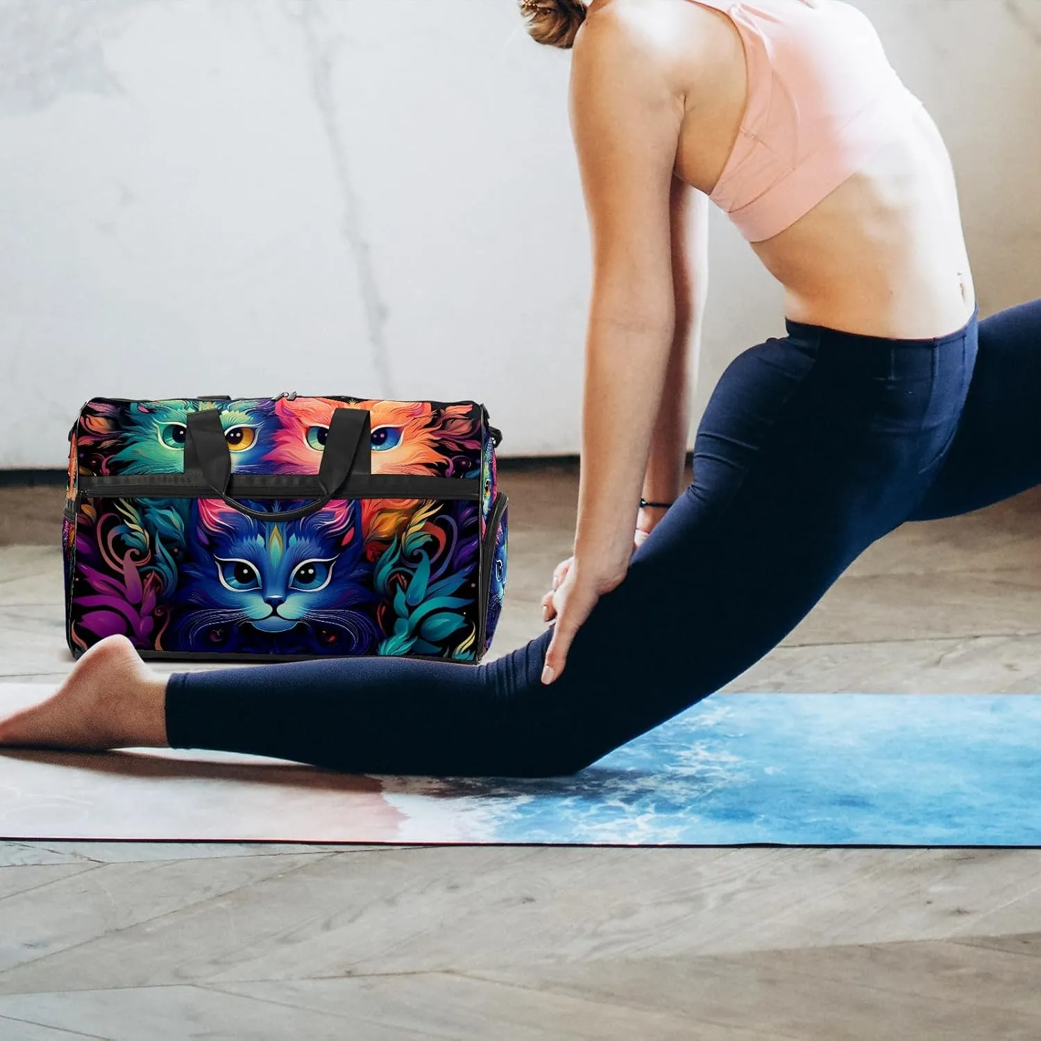Gym Bag for Women, Carry on Weekender Overnight Bag, Travel Duffel Bags, Personal Item Travel Bag Tote Bag Workout Dance Bag, Cat - 23