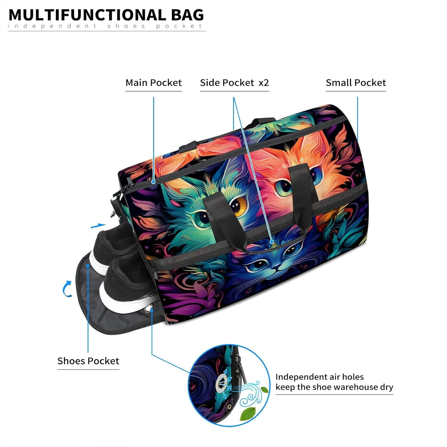 Gym Bag for Women, Carry on Weekender Overnight Bag, Travel Duffel Bags, Personal Item Travel Bag Tote Bag Workout Dance Bag, Cat - 23