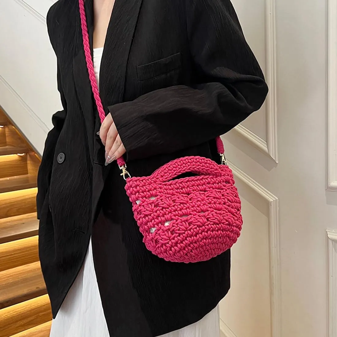 Handwoven Crossbody Handbag Summer Beach Bucket bag Cotton Crochet Shoulder Bag Basket Purse for Women